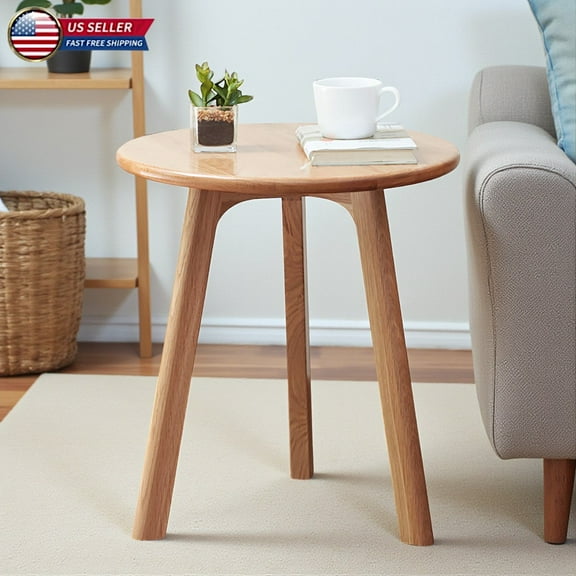 Hassch Natural Oak Round End Table, Solid Wood 3-Leg Side Table for Bedroom or Living Room, Multi-Functional Accent Table, Easy Assembly, 17.7" Dia x 19.7"H
