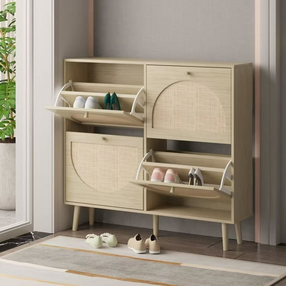 Hassch Natural Rattan Free-Standing Shoe Rack, Shoe Cabinet Wood Organizer with 4 Flip Drawers for Entryway Hallway Doorway, 41.73"L x 9.5"W x 38.6"H