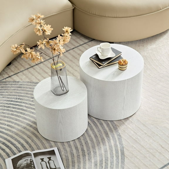 Hassch Nesting Coffee Table Set of 2, Modern Round Coffee Tables, Wooden Circle Accent Tables for Small Spaces Living Room Bedroom Balcony Office Side Table (White)