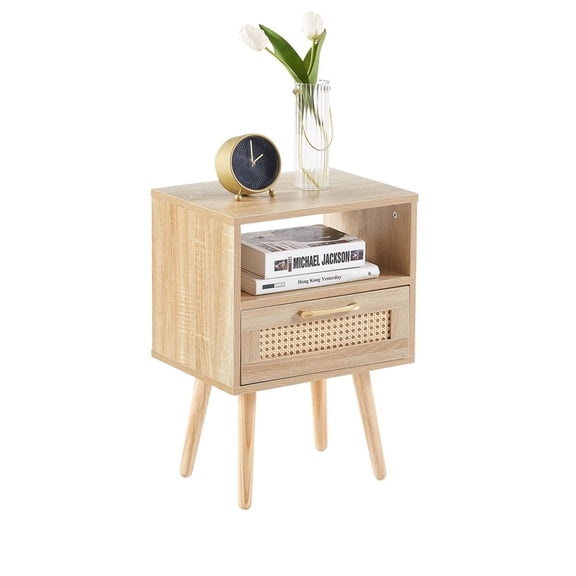 Hassch Nightstand, Rattan Nightstands with Rattan Decor Drawer & Open Shelf, Boho Accent End Table Side Table Bedside Tables with Solid Wood Feet for Bedroom, Living Room, Natural