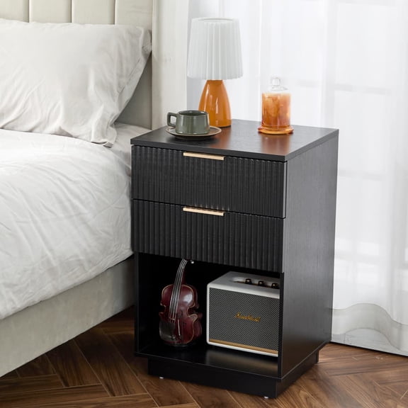 Hassch Nightstand with 2 Storage Drawers, Modern Side Table with Open Shelf, Accent End Table for Home Office, Black