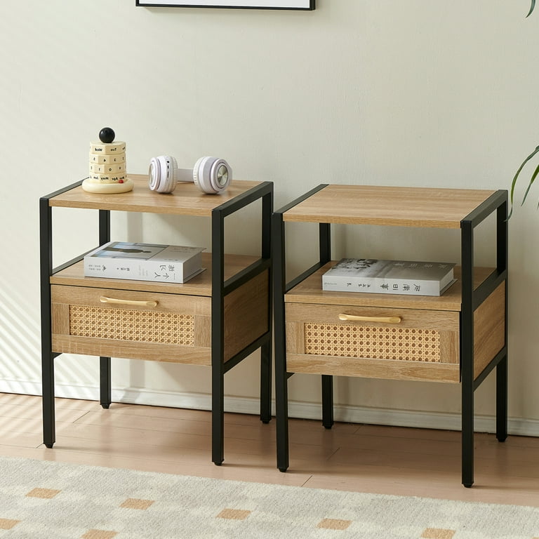 Modern Rattan Nightstand Set of 2 End Table with Drawer Open Shelf Freestanding Narrow Side Table for Small Space for Living Room Bedroom Offic