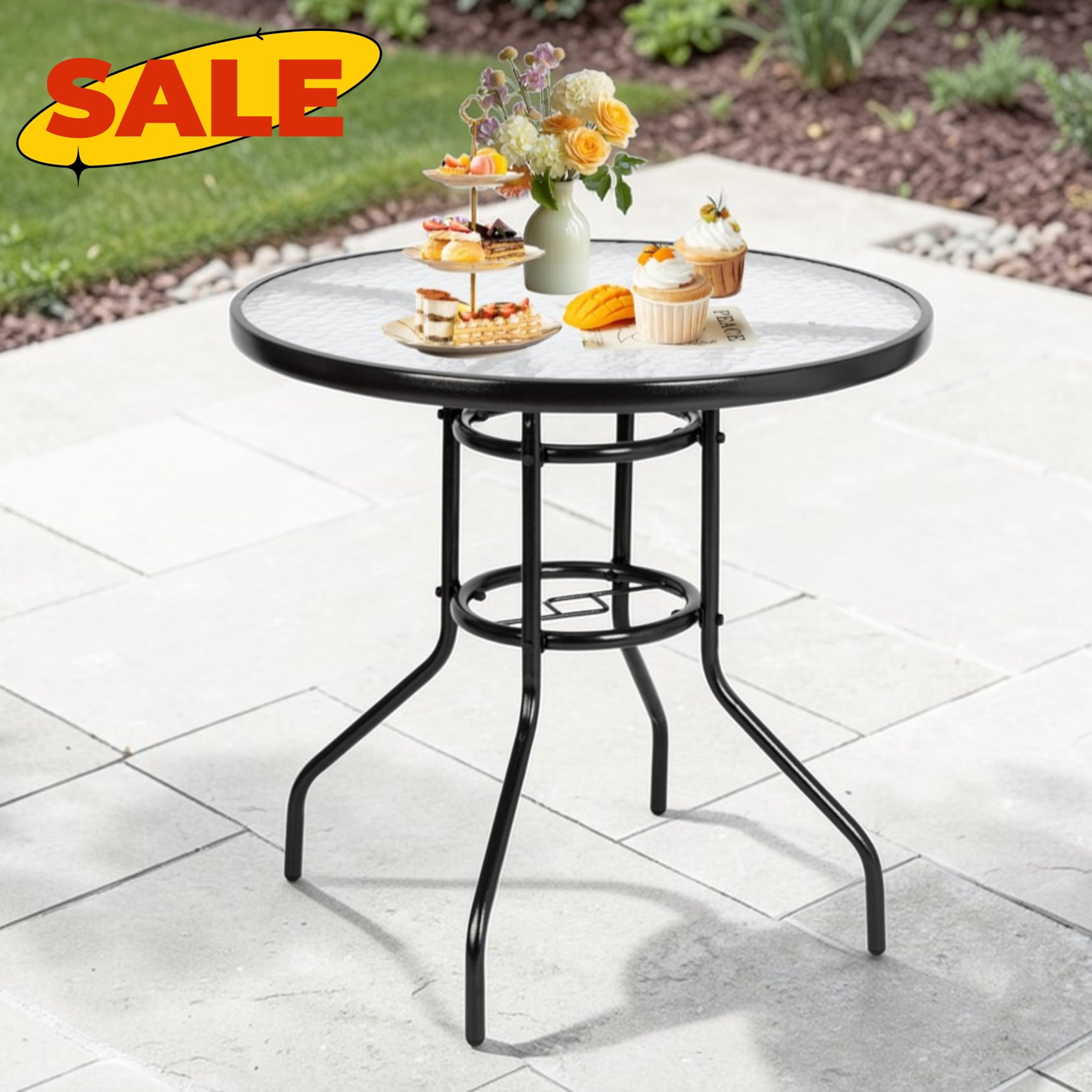 48'' round glass patio table with umbrella hole 48" TOPS 2" Center Hand cast aluminum Plastic Details Dining Sets Round Glass Top