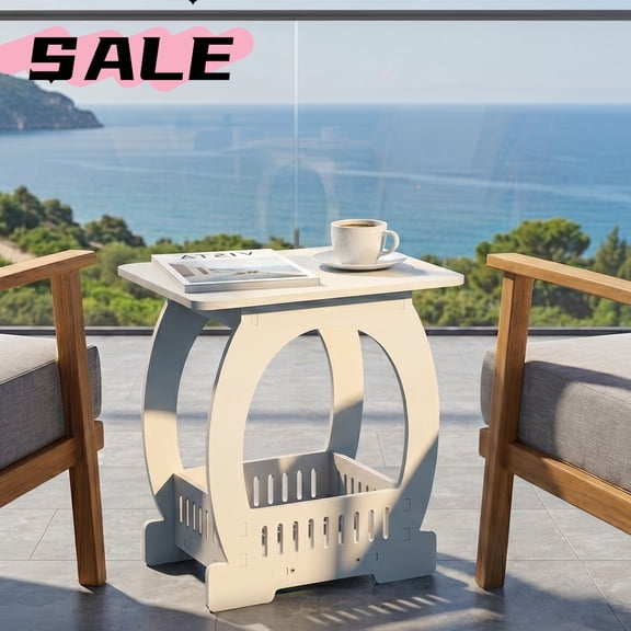 Hassch Outdoor End Table with Storage, 17in Side Table with Arch Design for Indoor Lawn Balcony Poolside, White