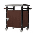 thumbnail image 1 of Hassch Outdoor Grill Table with Wheels and Storage Cabinet, Rolling Kitchen Island with Stainless Steel Tabletop, Movable Bar Cart with Spice Rack, Bottle Opener and Side Hooks for Outside, Brown, 1 of 8