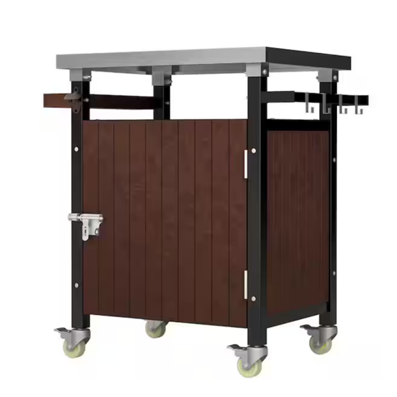 Hassch Outdoor Grill Table with Wheels and Storage Cabinet, Rolling Kitchen Island with Stainless Steel Tabletop, Movable Bar Cart with Spice Rack, Bottle Opener and Side Hooks for Outside, Brown