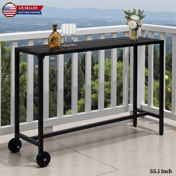 Hassch Outdoor Iron Bar Table on Wheels, 55.1" Long Counter Height Patio Pub Table w/ Slatted Top and Adjustable Feet, Weather Resistant & Easy Assembly, Black