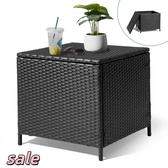 Hassch Outdoor PE Wicker End Table with Storage & Iron Frame,27 Gallon Square Side Table for Patio Porch Lawn, Black
