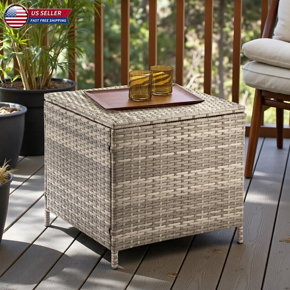 Hassch Outdoor PE Wicker Side Table with Storage, 27-Gallon All-Weather Rattan Square Patio Table with Lift-Off Lid, for Decks, Balconies, Poolside (Gray)