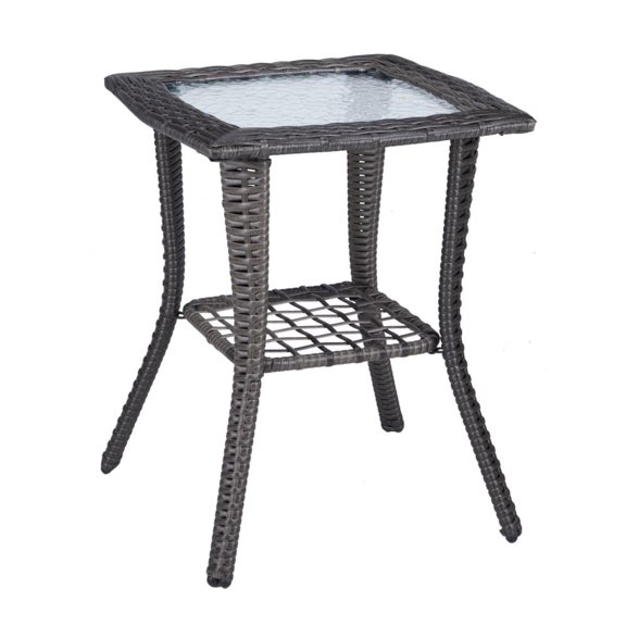 Hassch Outdoor Wicker Rattan End Table with Glass Top, 2-Tier Side Table with Storage for Patio Garden Deck, Grey
