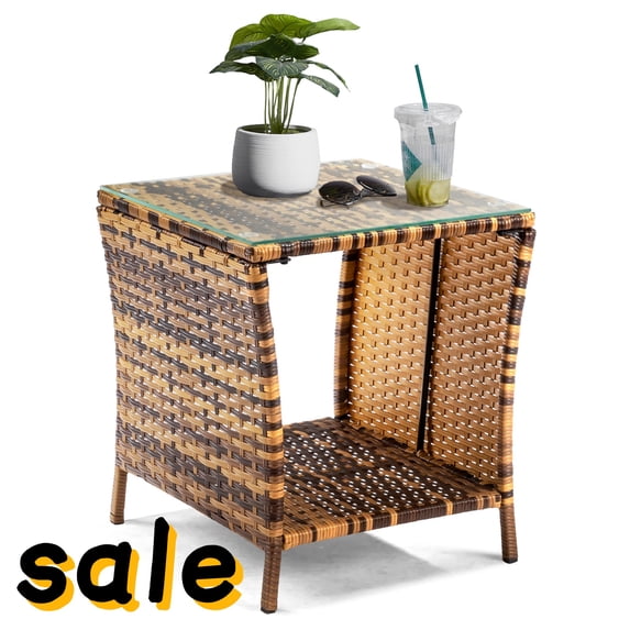 Hassch Outdoor Patio Wicker Side Table, 18.1" Square End Table with Glass Top and Storage Shelf for Porch Garden Backyard, Yellow