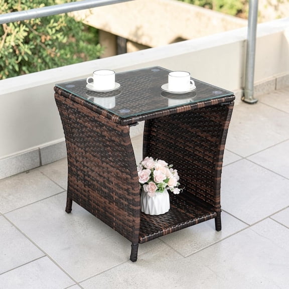 Hassch Outdoor Side Table, Patio Wicker Rattan End Table with Glass Top and Storage Shelf for Garden Courtyard Balcony (Brown)