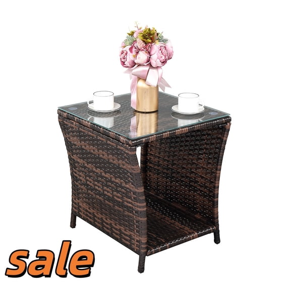 Hassch Outdoor Side Table, Rattan End Table with Glass Top & Storage for Patio Porch Backyard Balcony,18.1"L x 18.1"W x 19.5"H, Brown