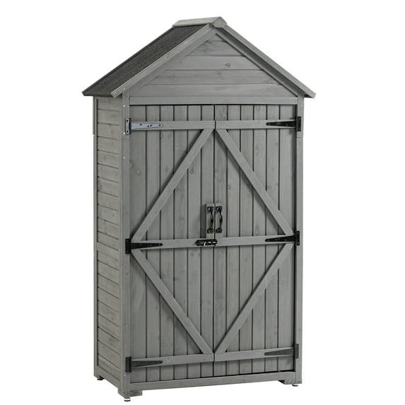 Hassch Outdoor Wooden Storage Cabinet, Garden Tools Shed, Outside Organizer Shed Closet with Storage Shelves, Waterproof Asphalt Roof, and Barn Door Hinges for Yard Patio Lawn Deck (Gray)