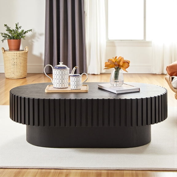 Hassch Oval Coffee Table, Modern Compact Living Room Center Table with Wood Veneer Surface & MDF Pedestal Base, Small Cocktail Table for Home or Lounge, 43.7"L x 24.8"W x 13.78"H, Black