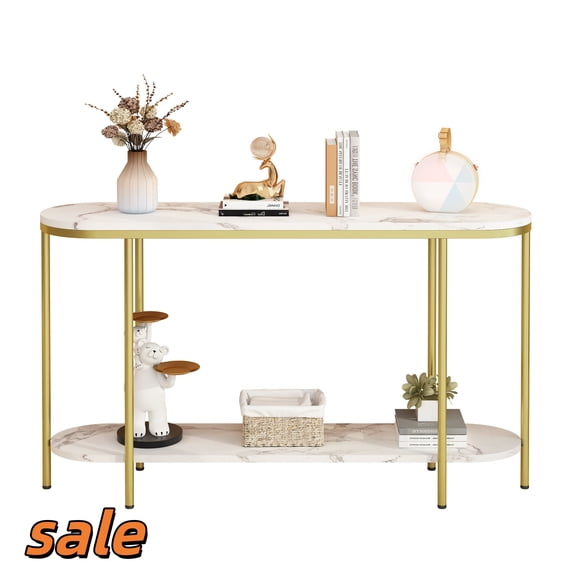 Hassch Oval Console Table with Metal Frame, Modern Entryway Table with Open Shelf, Narrow Sofa Table for Hallway Living Room Foyer, White & Gold