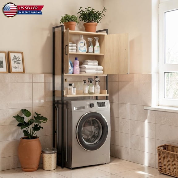 Hassch Over-the-Toilet/Washer Storage Cabinet, 66.93" Freestanding MDF Bathroom Space Saver Organizer with 2 Doors, Adjustable Interior Shelf and Open Compartment, Stable Metal Frame, Natural+Black