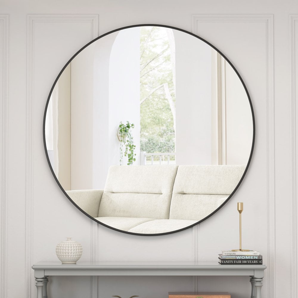 Oversized Round Black Iron Frame Wall Mirror, 48 Inch