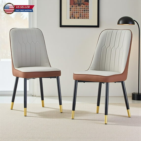 Hassch PU Leather Dining Chairs, Set of 2 Modern Upholstered Kitchen & Dining Room Side Chairs with Golden Tipped Black Metal Legs, Easy Assembly (Light Gray+Brown)
