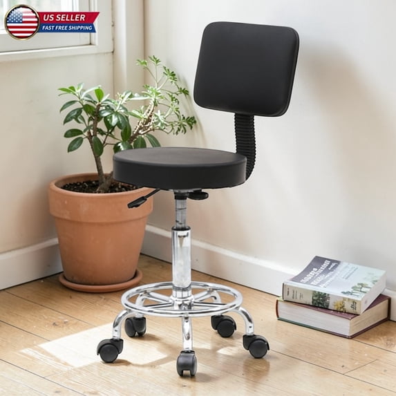 Hassch PU Leather Round Rolling Stool with Backrest and Footrest, Height-Adjustable Swivel Drafting Chair for Work Task Salon Barber Shop (Black)