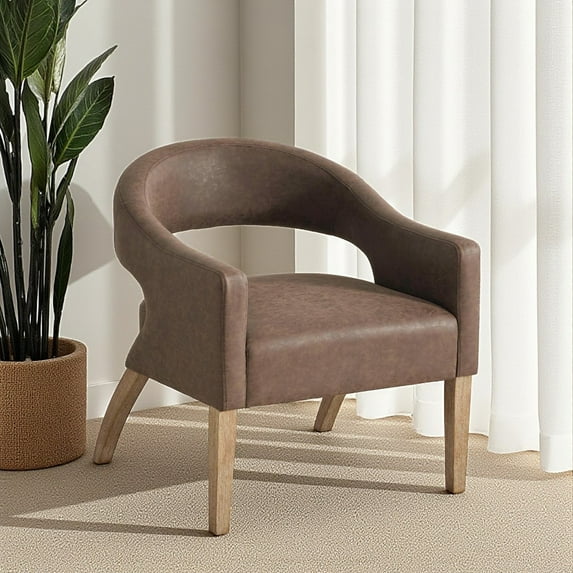 Hassch PU Leather Upholstered Barrel Chair with Solid Wood Legs, Modern Open Back Accent Chair for Dining Room, Kitchen, Living Room (Coffee Color)