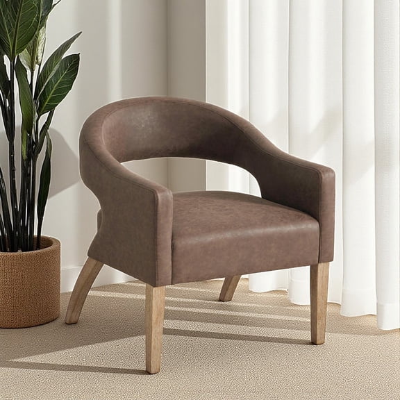 Hassch PU Leather Upholstered Barrel Chair with Solid Wood Legs, Modern Open Back Accent Chair for Dining Room, Kitchen, Living Room (Coffee Color)