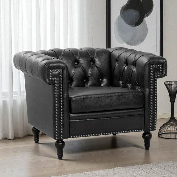 Hassch PU Leather Upholstered Chesterfield Armchair with Tufted Backrest and Solid Wooden Legs, Comfy Accent Sofa Chair for Home Office, Living Room, Bedroom (Black)