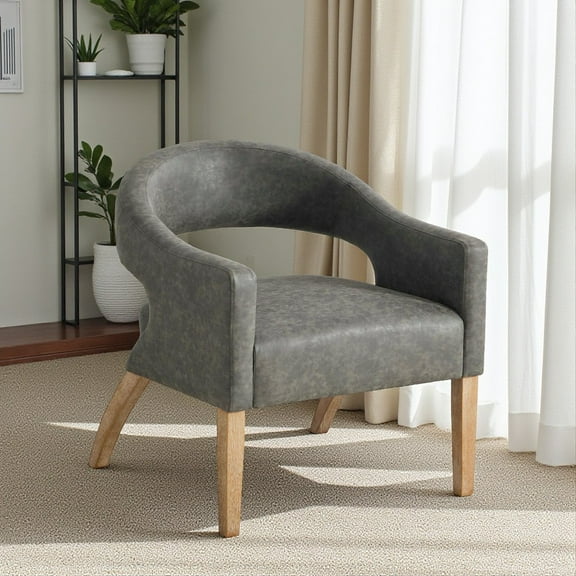Hassch PU Upholstered Barrel Chair with Open Back Design and Weathered Wood Legs, Comfy Accent Chair for Dining Room, Café, Club & Home (Gray)