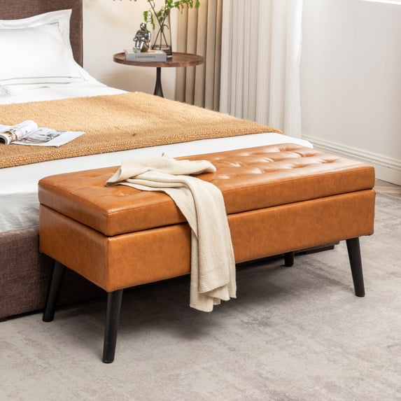 Hassch PU Upholstered Storage Ottoman, 43.3" Entryway Shoe Changing Bench with Flip Top and Wood Legs, Easy Assembly, Brown