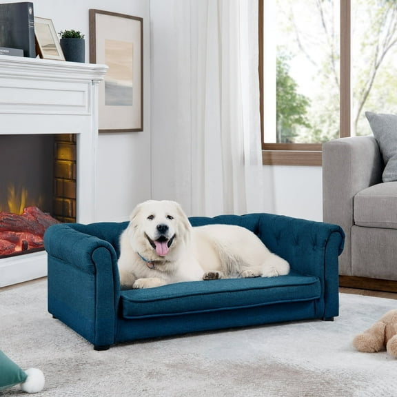 Hassch Pet Couch Bed, Contemporary Linen Fabric Elevated Dog Sofa for Medium/Large Dogs, 250lbs Loading Pet Lounging Bed, 40"L x 23"W x 14"H, Blue