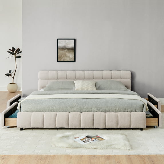 Hassch Platform Bed, King Size Modern Chenille Fabric Upholstered Grounded Bed Frame with Four Storage Drawers, Pink