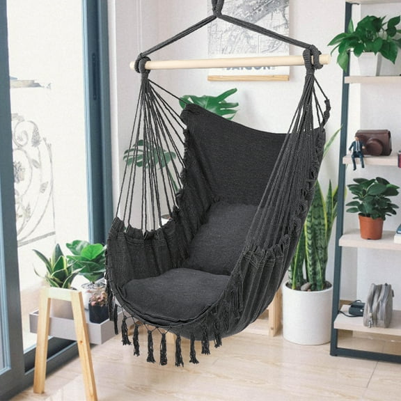 Hassch Plus Hanging Rope Chair Cotton Hammock Chair Swing Seat with Pillow Tassel, Gray