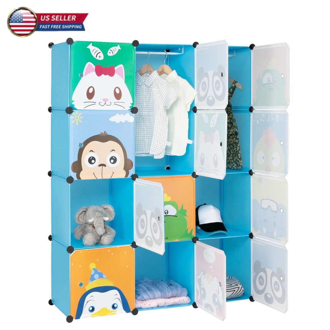 BRIAN & DANY Kids Portable Wardrobe – DIY Modular Closet With 8 Cubes & 2 Hanging Sections (Blue)