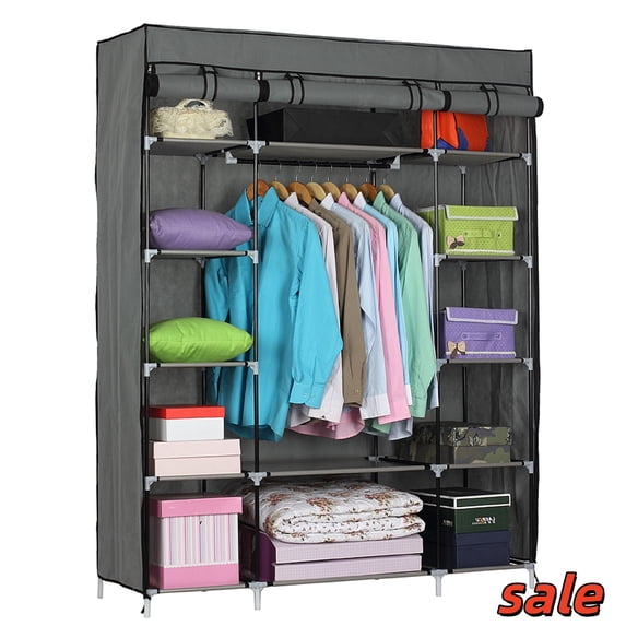 Hassch Portable Closet, Clothes Rack with Cover, Clothing Wardrobe Organizer with Hanging Rods, 52.4"L x 18.1"W x 67"H, Gray