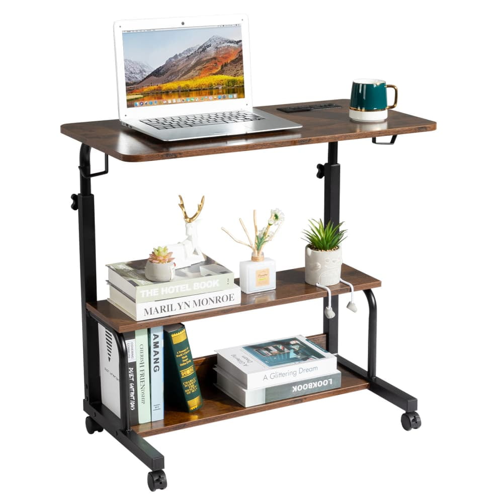 Hassch Portable Rolling Desk with Charging Station on Wheels, 26.4"-41.5" Height Adjustable Computer Desk with Storage Shelves for Home Office, Portable Writing Desk for Small Space, Brown