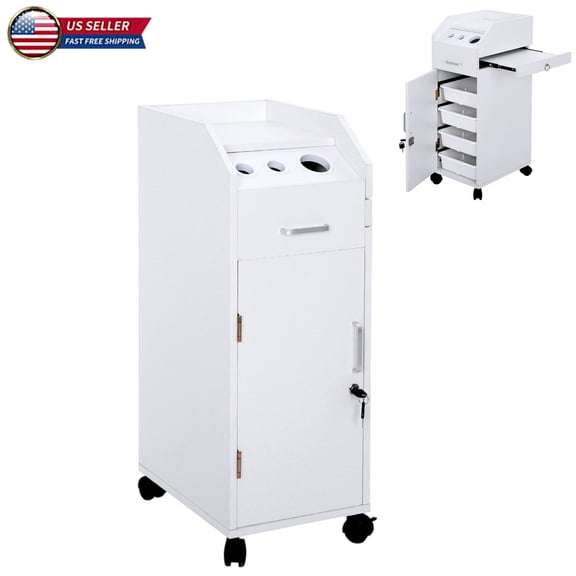 Hassch Professional Salon Storage Cart on Wheels, 4-Tier ABS Trays, Lockable Beauty Trolley Cabinet with Tools Holder, Side Sliding Tray & Casters, Barber Station for Hair Salon Spa, White