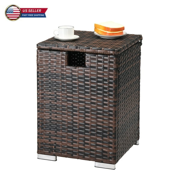 Hassch Propane Tank Cover Patio Side Table Storage Box, Hideaway End Table Outdoor Storage Box Wicker Ratten Gas Tank Table for Fire Pit Table, 16 Gallons (Brown)