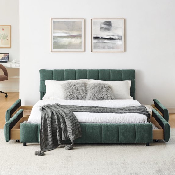 Hassch Queen Size Storage Platform Bed with 4 Drawers, Chenille Fabric Upholstered Grounded Bed Frame with Wood Slats Support, No Box Spring Needed, Dark Green
