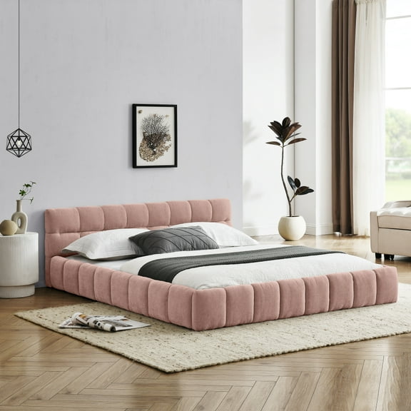 Hassch Queen Size Upholstered Platform Bed in Pink Chenille Fabric, Modern Floor Bed with Headboard and Solid Frame for Bedroom, No Box Spring Needed