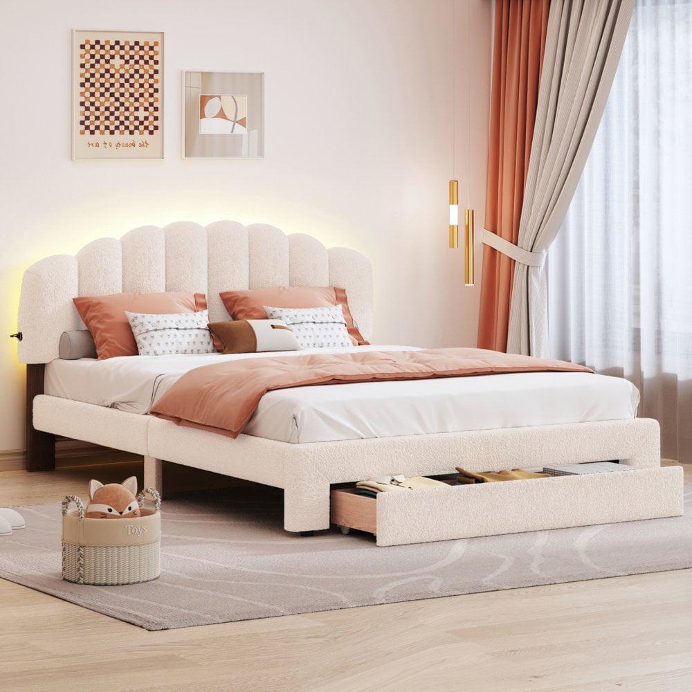 Beige Teddy Fleece Queen Upholstered Platform Bed with Storage Drawer and LED Lights