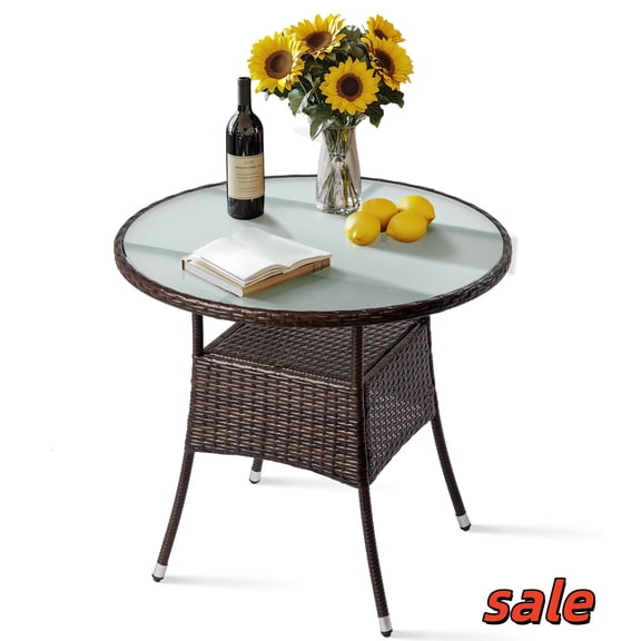 Hassch Rattan Bar Table, 31.7" Round Patio Table with Glass Tabletop and Open Shelf, 2-Tier Wicker Pub Table for Backyard, Poolside, Garden, Brown