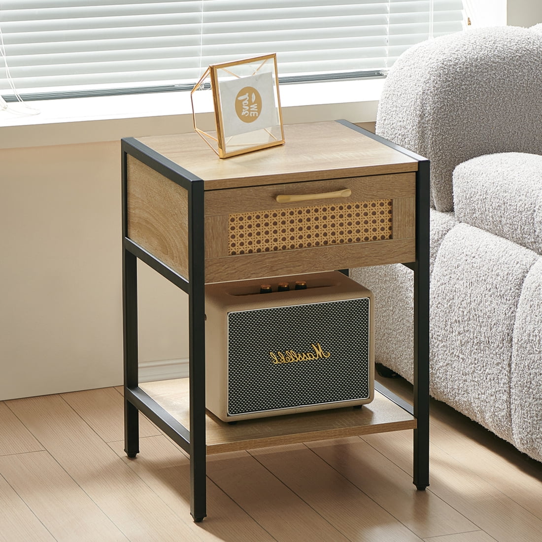 Natural Rattan and MDF Nightstand with Metal Legs and Storage