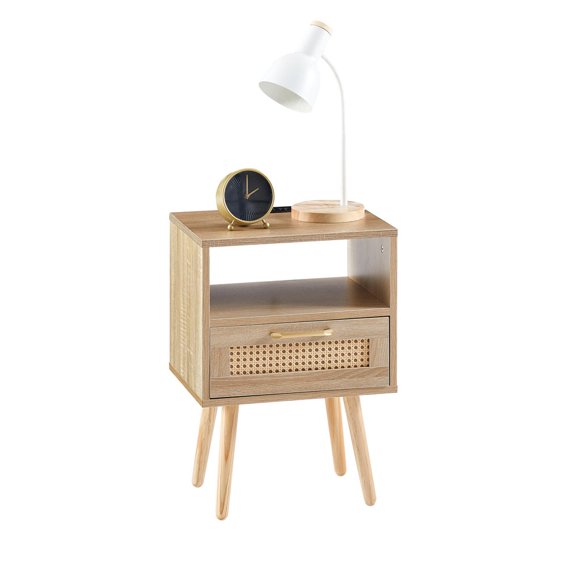 Hassch Rattan Nightstand with Power Outlet & USB Ports, Modern Side Table with Rattan Drawer and Storage, Natural Bedside End Table with Solid Wood Legs for Living Room, Bedroom Dorm and Small Spaces
