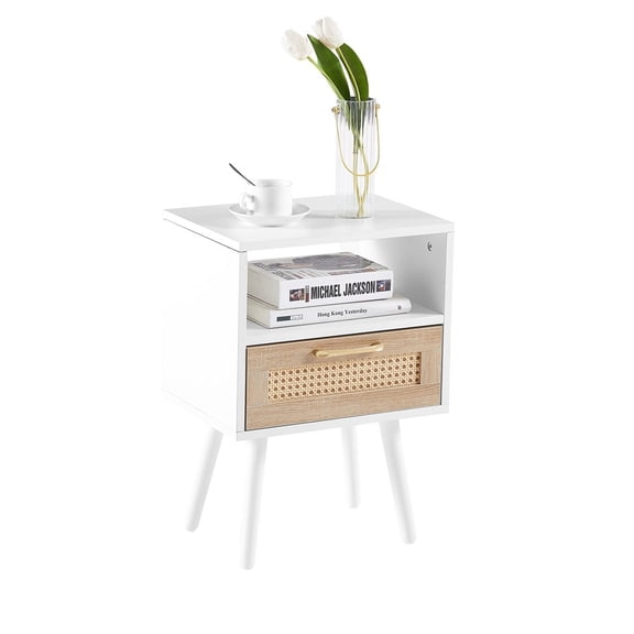 Hassch Rattan Nightstand Side Table with Storage Drawer and Open Shelf, Bedside Table for Solid Wood Legs, Modern End Table for Living Room, Bedroom and Small Space, White