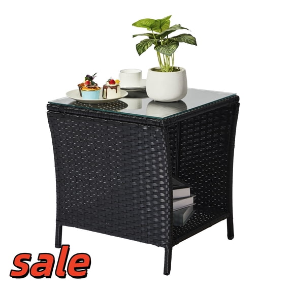 Hassch Rattan Outdoor Side Table, Tempered Glass Top End Table with Storage for Outside Balcony Porch, 18.1"L, Black