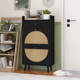 thumbnail image 1 of Hassch Rattan Shoe Storage Cabinet with 2 Flip Drawers and 1 Drawer for Entryway, Wood Slim Hidden Shoe Rack Organizer, 23.7"L x 9.45"W x 43.43"H, Black, 1 of 10