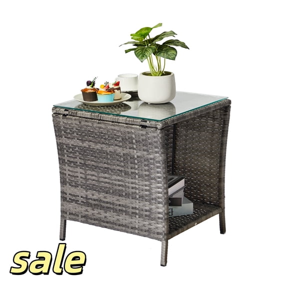 Hassch Rattan Side Table, 2-Tier End Table with Glass Top, Outdoor Accent Table for Patio Porch Lawn, Gray