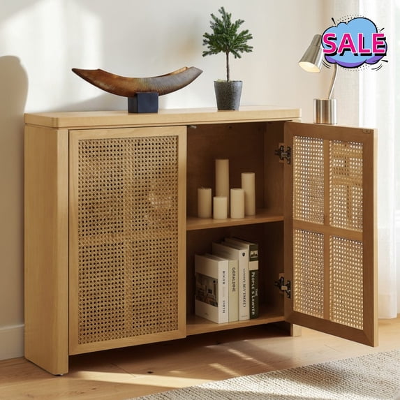 Hassch Rattan Storage Cabinet with 2 Doors, 39.4" Coffee Bar Cabinet with Outlet Holes, Buffet Sideboard for Living Room, Dining Room, Entryway, Natural