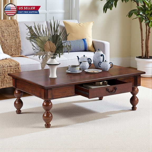 Hassch Rectangle Coffee Table with Solid Rubber Legs, and 1 Storage Drawer, 47-Inch Wooden Center Table for Living Room, Easy to Assemble, Walnut