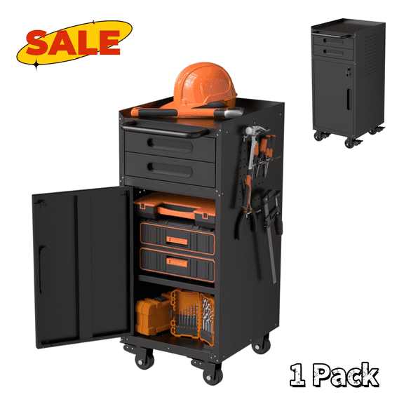 Hassch Rolling Cabinet with Lockable Door, Slim Storage Cabinet with 2 Drawers, Space Saving Tool Cabinet for Workshop, Warehouse, Black